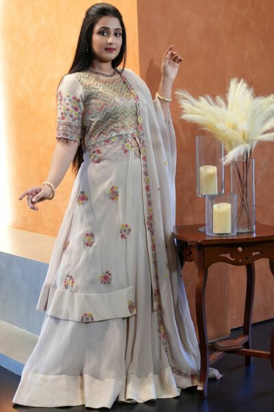 Beige Organza Semi Bridal Arabic Lehenga