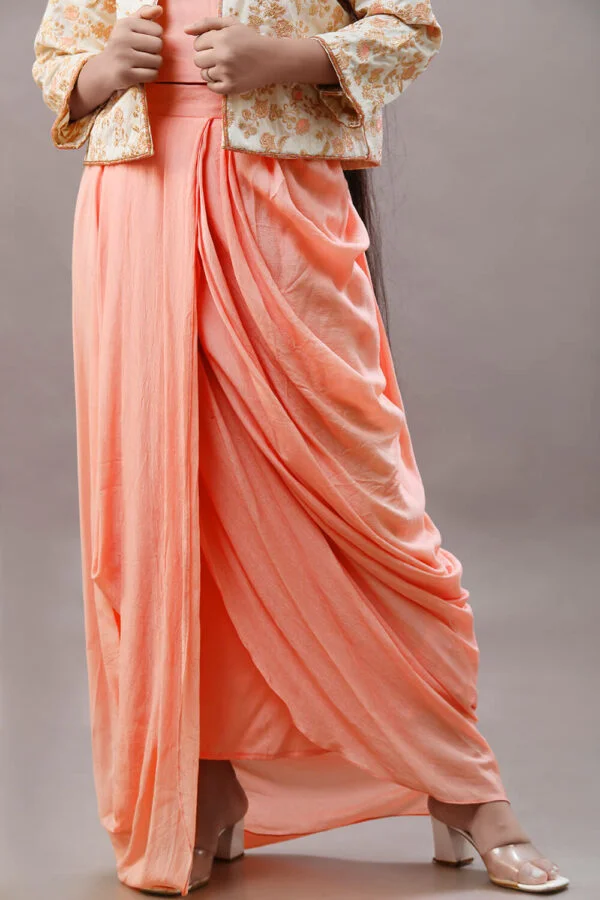 Carrot Peach Crepe Georgette Draped Skirt With Top And Embroidered Jacket - Image 2