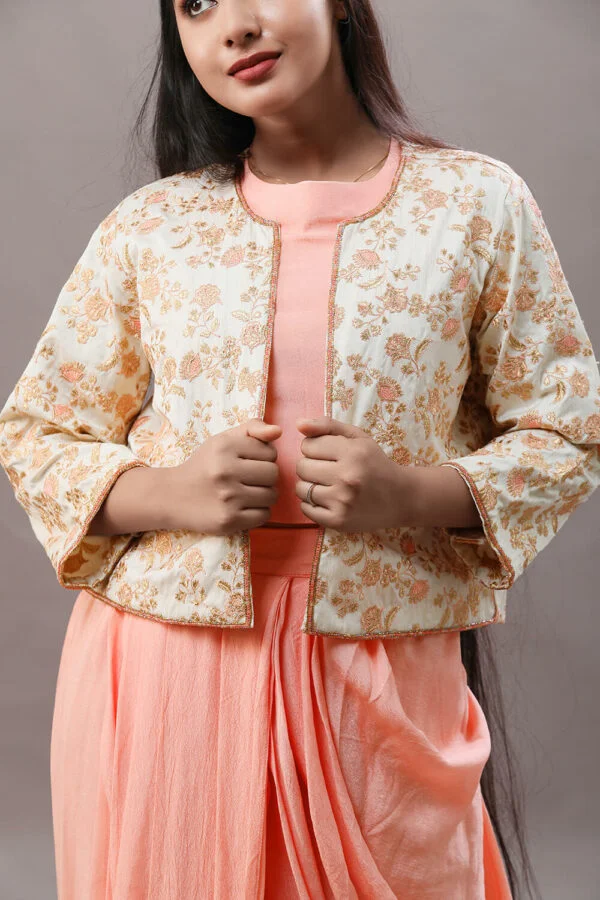 Carrot Peach Crepe Georgette Draped Skirt With Top And Embroidered Jacket - Image 3