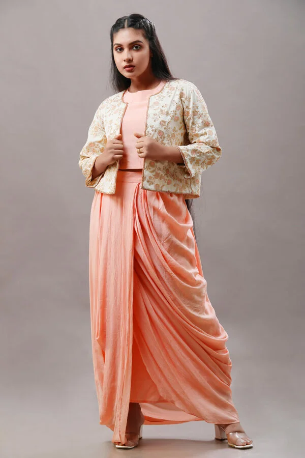 Carrot Peach Crepe Georgette Draped Skirt With Top And Embroidered Jacket