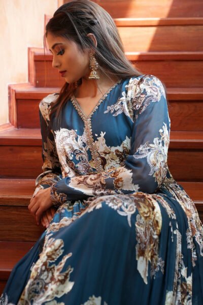 Teal Organza Printed Gown