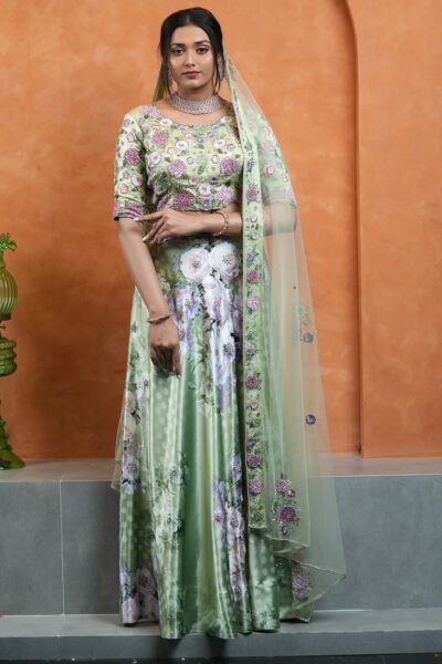 Green Modal Floral Printed Bridal Lehenga