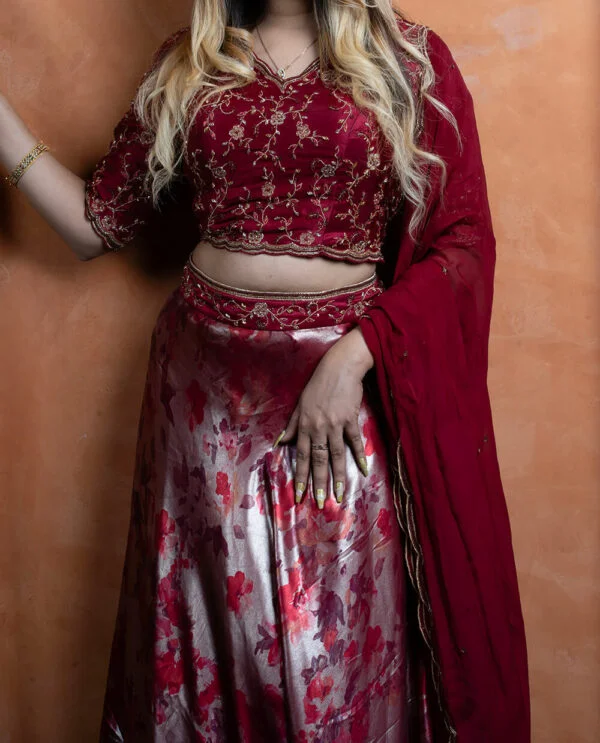 Maroon Shimmer With Floral Print Lehenga - Image 3