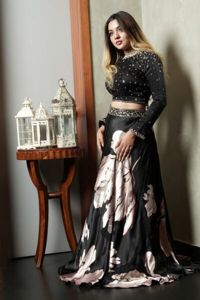 Black With Beige Floral Lehenga