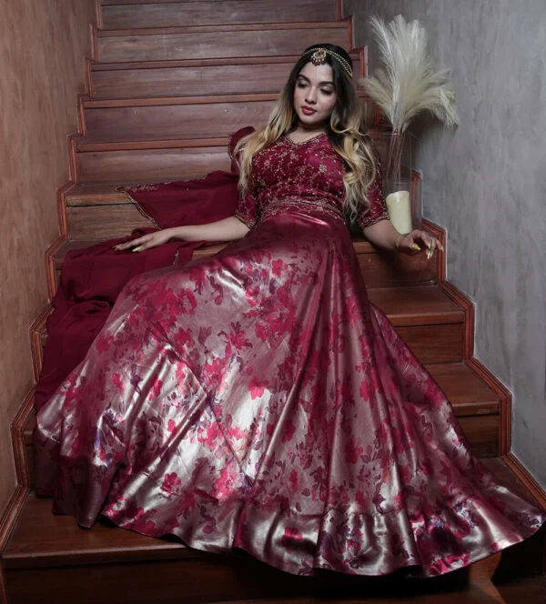 Maroon Shimmer With Floral Print Lehenga - Image 4