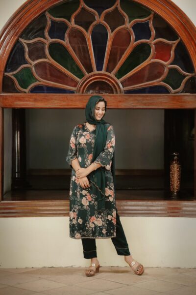 Bottle Green Floral printed Salwar Suit Set