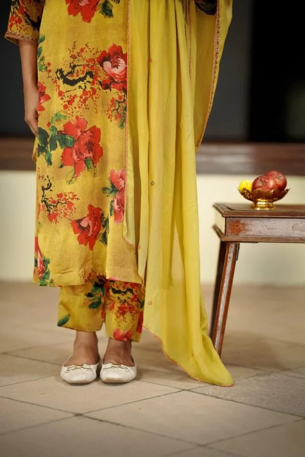 Mustard Yellow Floral Printed Salwar Suit Set - Image 3