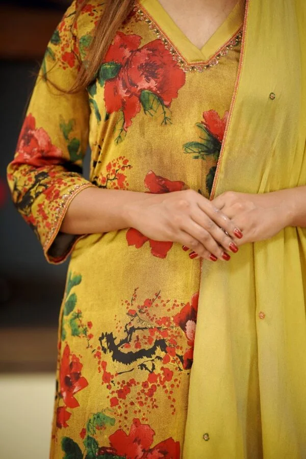 Mustard Yellow Floral Printed Salwar Suit Set - Image 2