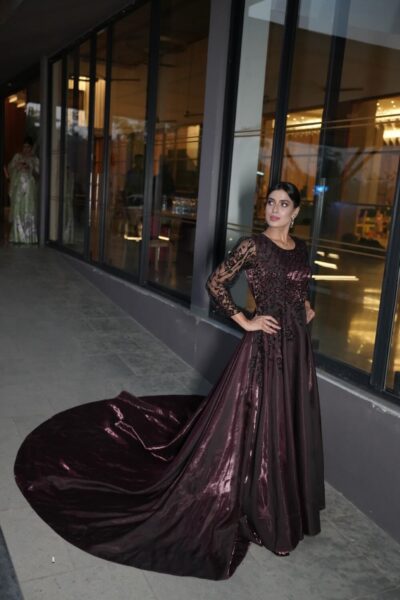 Maroon & Black Glass Satin Bridal Tail Gown