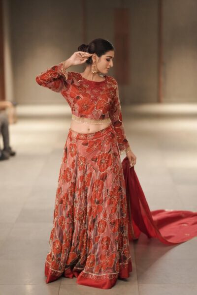 Red Floral Glass Organza Bridal Lehenga