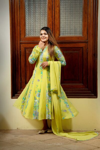 Lemon Yellow With Tropical Print Anarkali