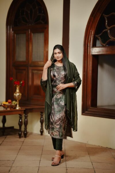 Olive Green Abstract Printed Salwar Suit Set